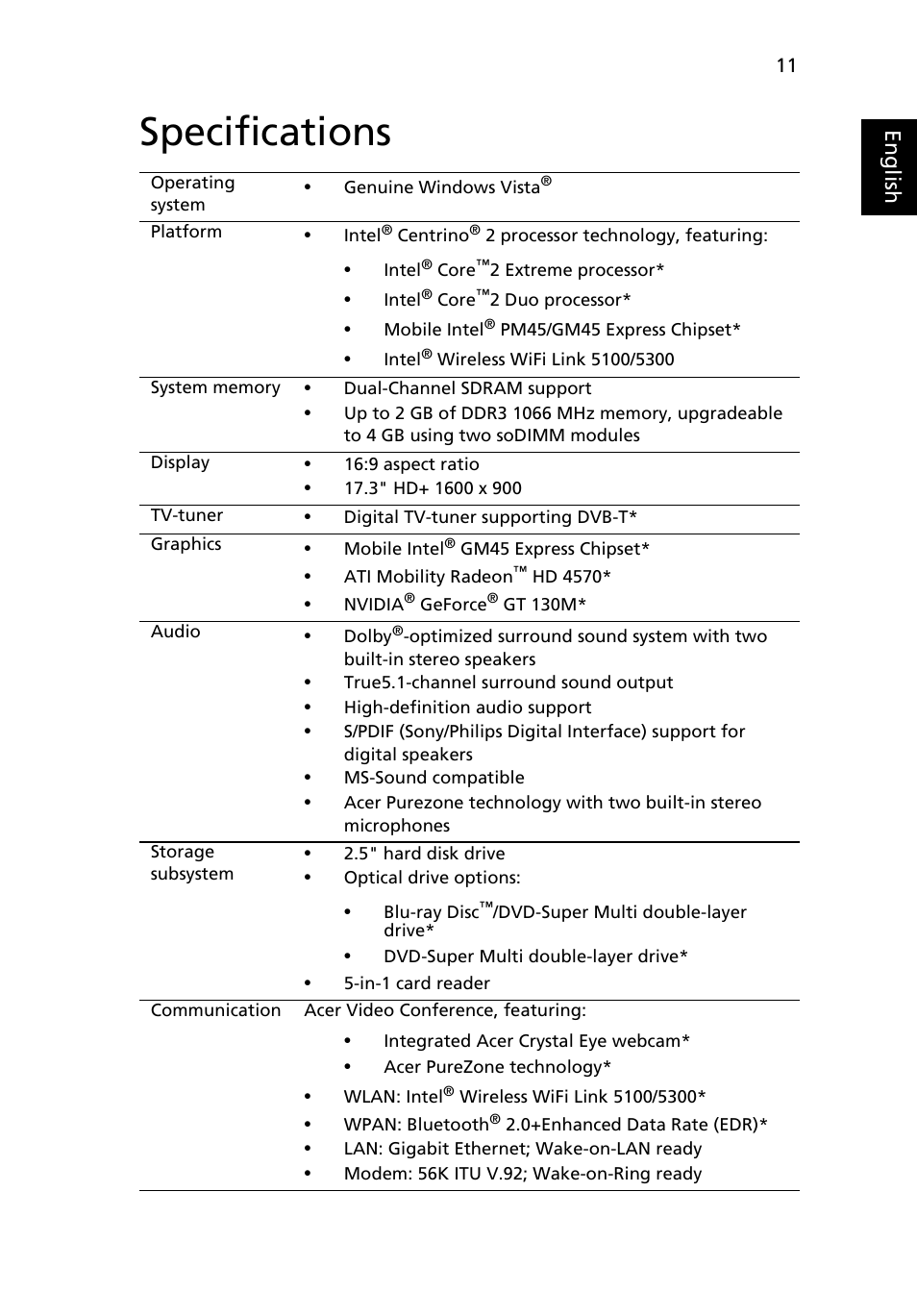 Specifications, Eng lis h | Acer Aspire 7735Z User Manual | Page 11 / 12