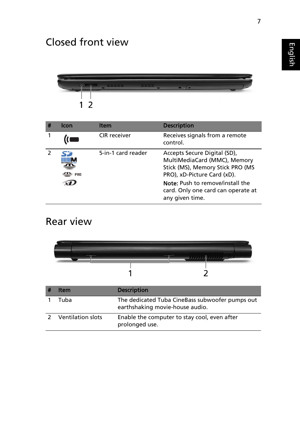 Closed front view, Rear view, Closed front view rear view | Acer Aspire 7735Z User Manual | Page 7 / 12