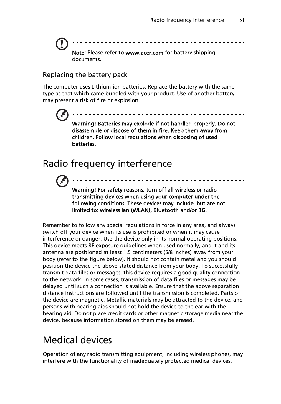 Radio frequency interference, Medical devices | Acer W500P User Manual | Page 11 / 63