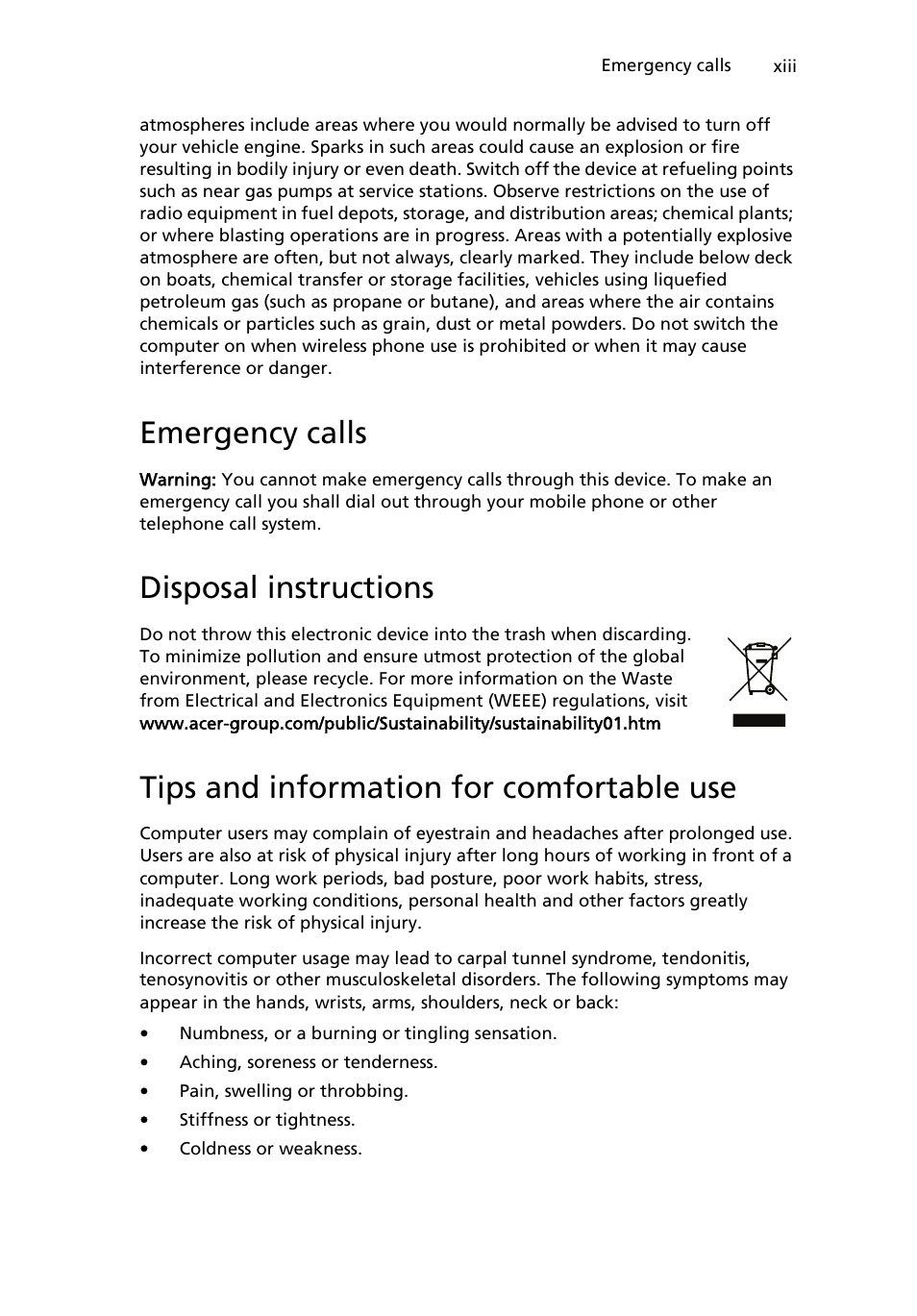 Emergency calls, Disposal instructions, Tips and information for comfortable use | Acer W500P User Manual | Page 13 / 63
