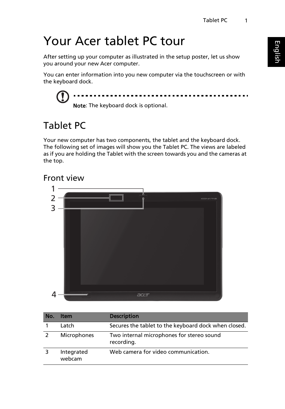 Your acer tablet pc tour, Tablet pc, Front view | Acer W500P User Manual | Page 20 / 63