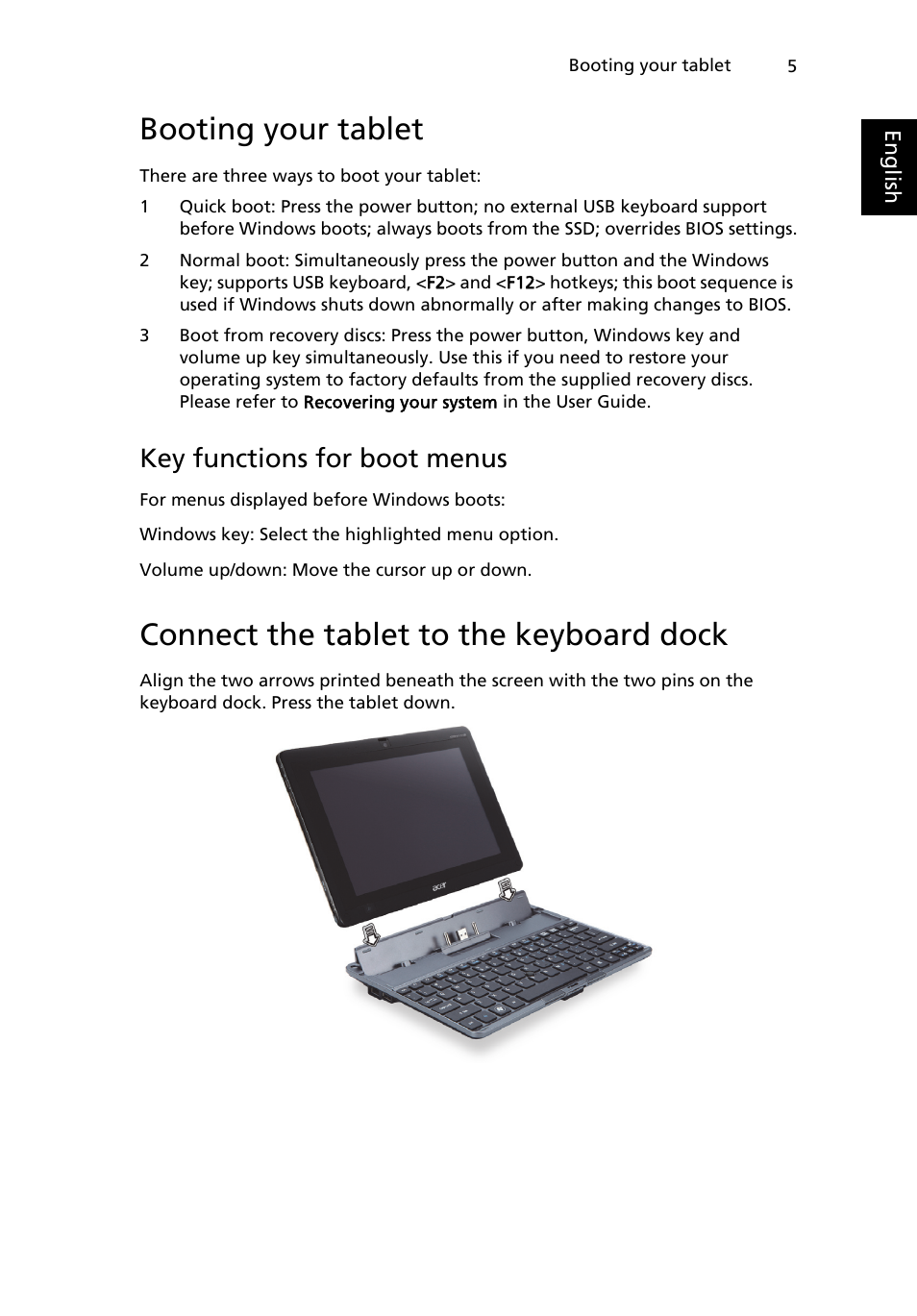 Booting your tablet, Connect the tablet to the keyboard dock, Key functions for boot menus | Acer W500P User Manual | Page 24 / 63