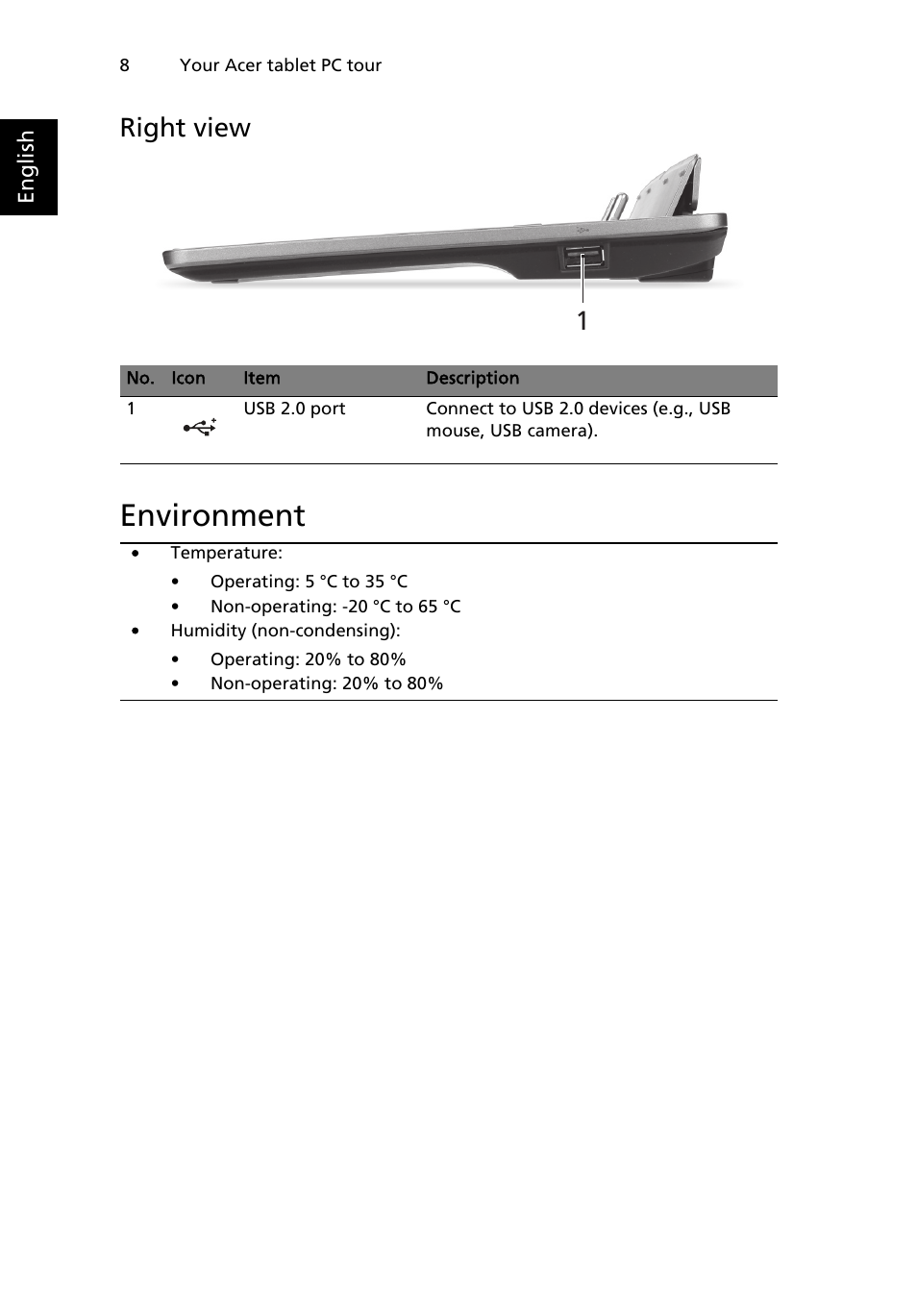 Environment, Right view | Acer W500P User Manual | Page 27 / 63