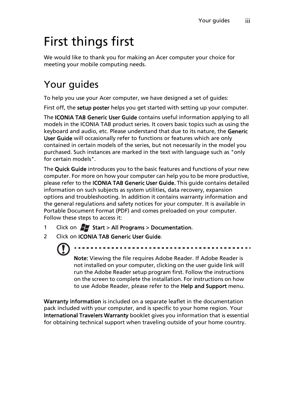 First things first, Your guides | Acer W500P User Manual | Page 3 / 63