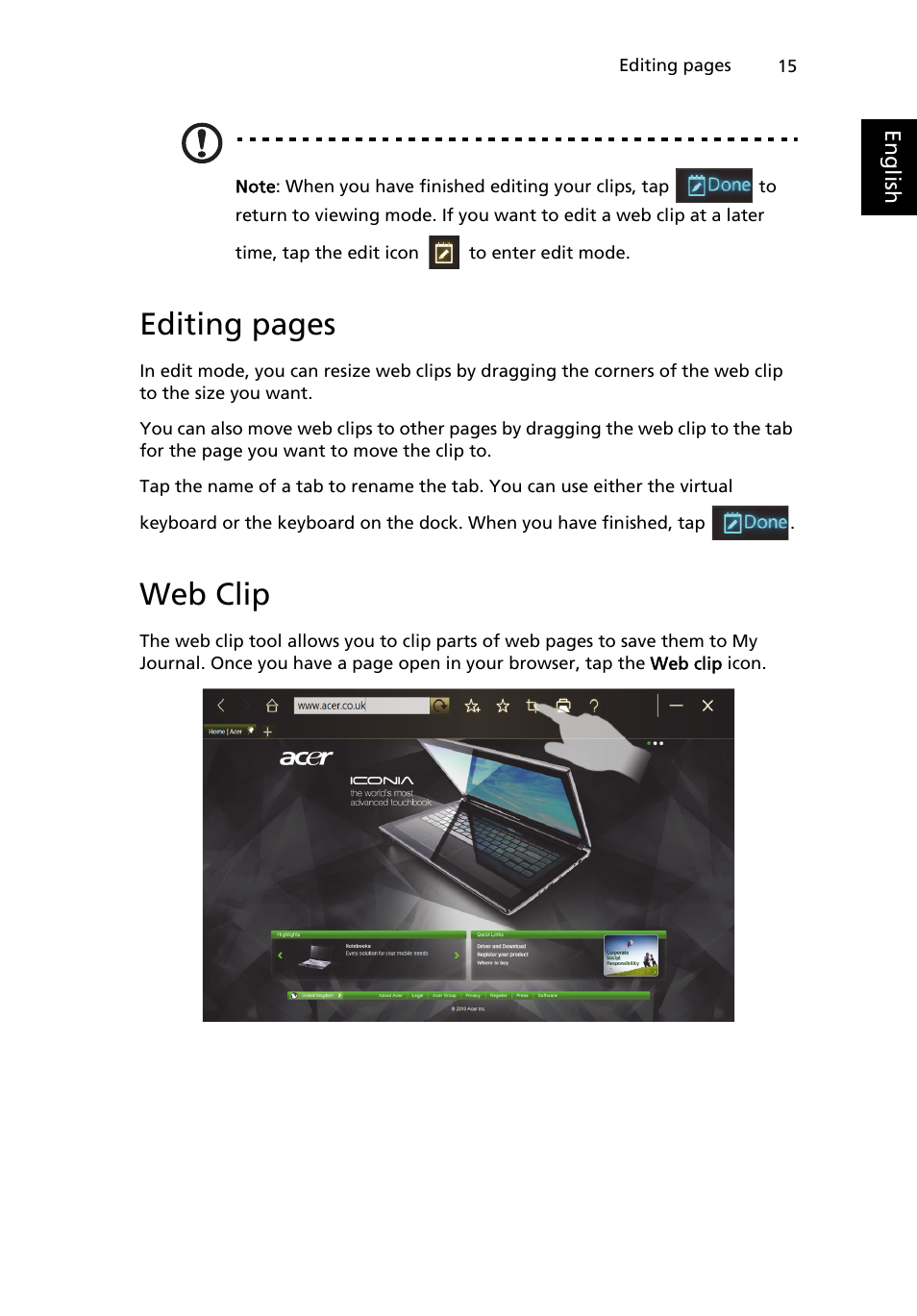 Web clip, Editing pages | Acer W500P User Manual | Page 34 / 63