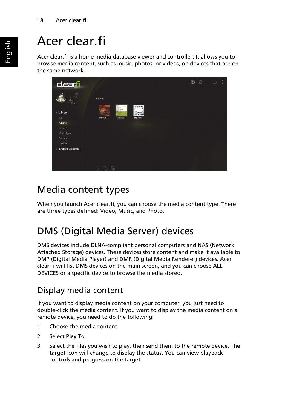 Acer clear.fi, Media content types, Dms (digital media server) devices | Display media content | Acer W500P User Manual | Page 37 / 63