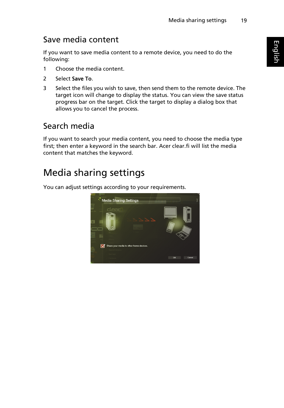 Media sharing settings, Save media content, Search media | Acer W500P User Manual | Page 38 / 63