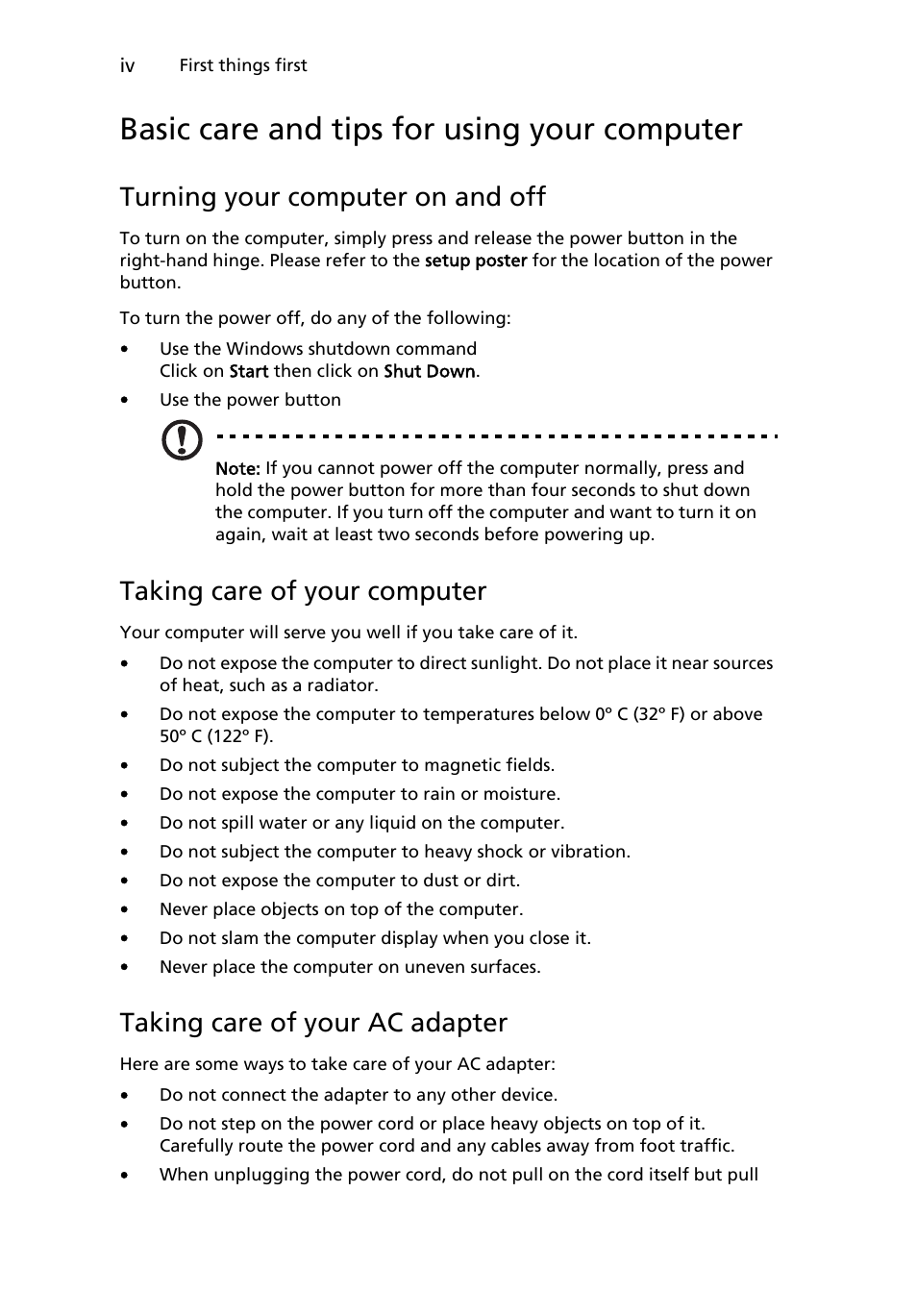 Basic care and tips for using your computer, Turning your computer on and off, Taking care of your computer | Taking care of your ac adapter | Acer W500P User Manual | Page 4 / 63