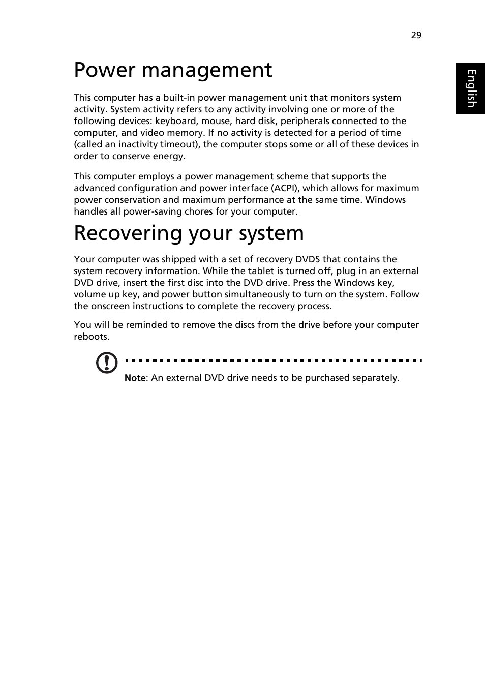 Power management, Recovering your system | Acer W500P User Manual | Page 48 / 63