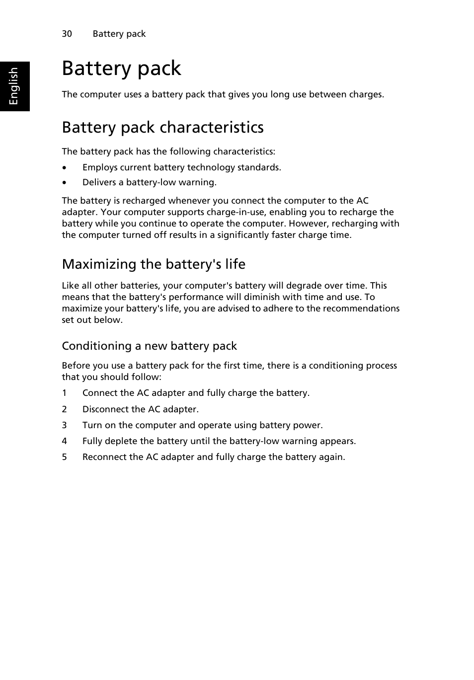 Battery pack, Battery pack characteristics, Maximizing the battery's life | Acer W500P User Manual | Page 49 / 63