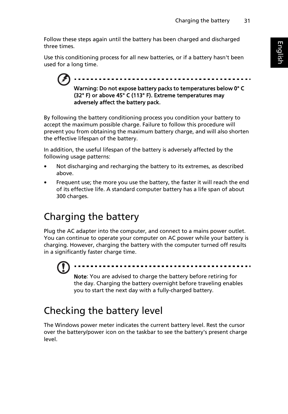 Charging the battery, Checking the battery level | Acer W500P User Manual | Page 50 / 63