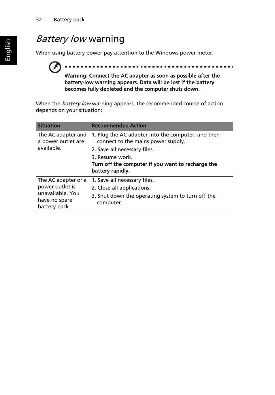 Battery low warning, Battery low, Warning | Acer W500P User Manual | Page 51 / 63