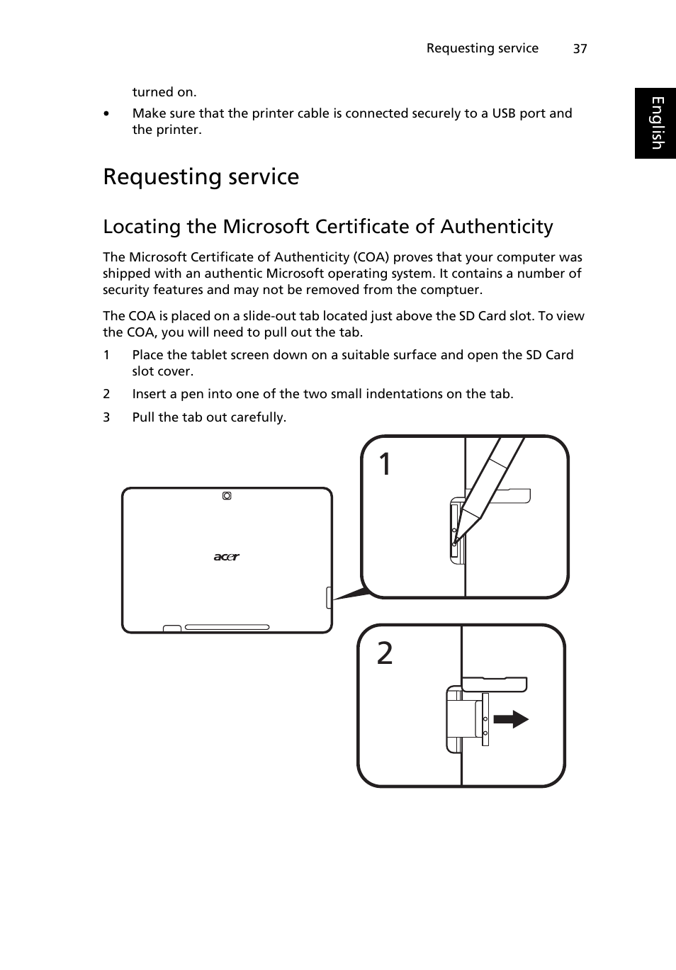 Requesting service, Locating the microsoft certificate of authenticity | Acer W500P User Manual | Page 56 / 63