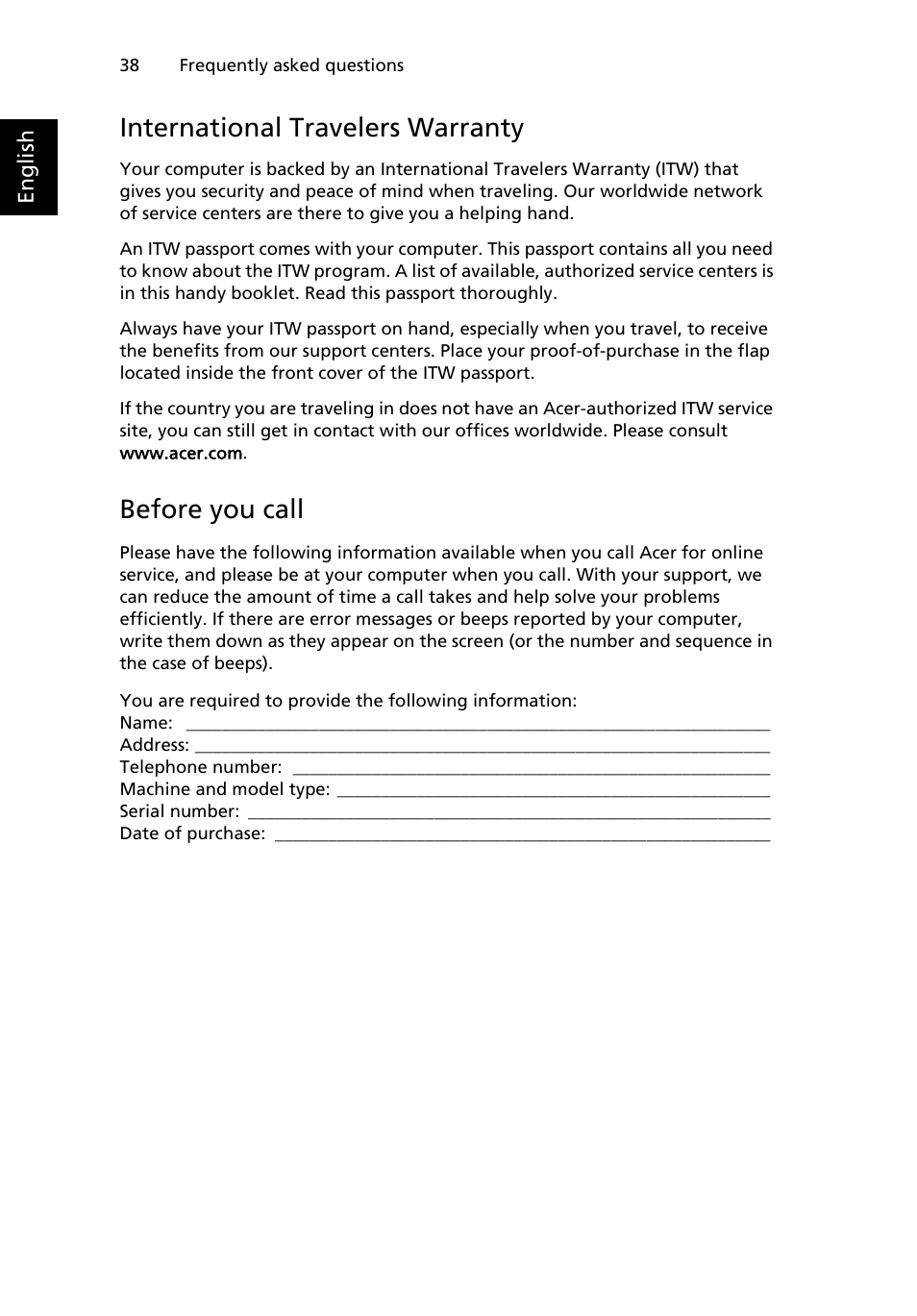 International travelers warranty, Before you call | Acer W500P User Manual | Page 57 / 63