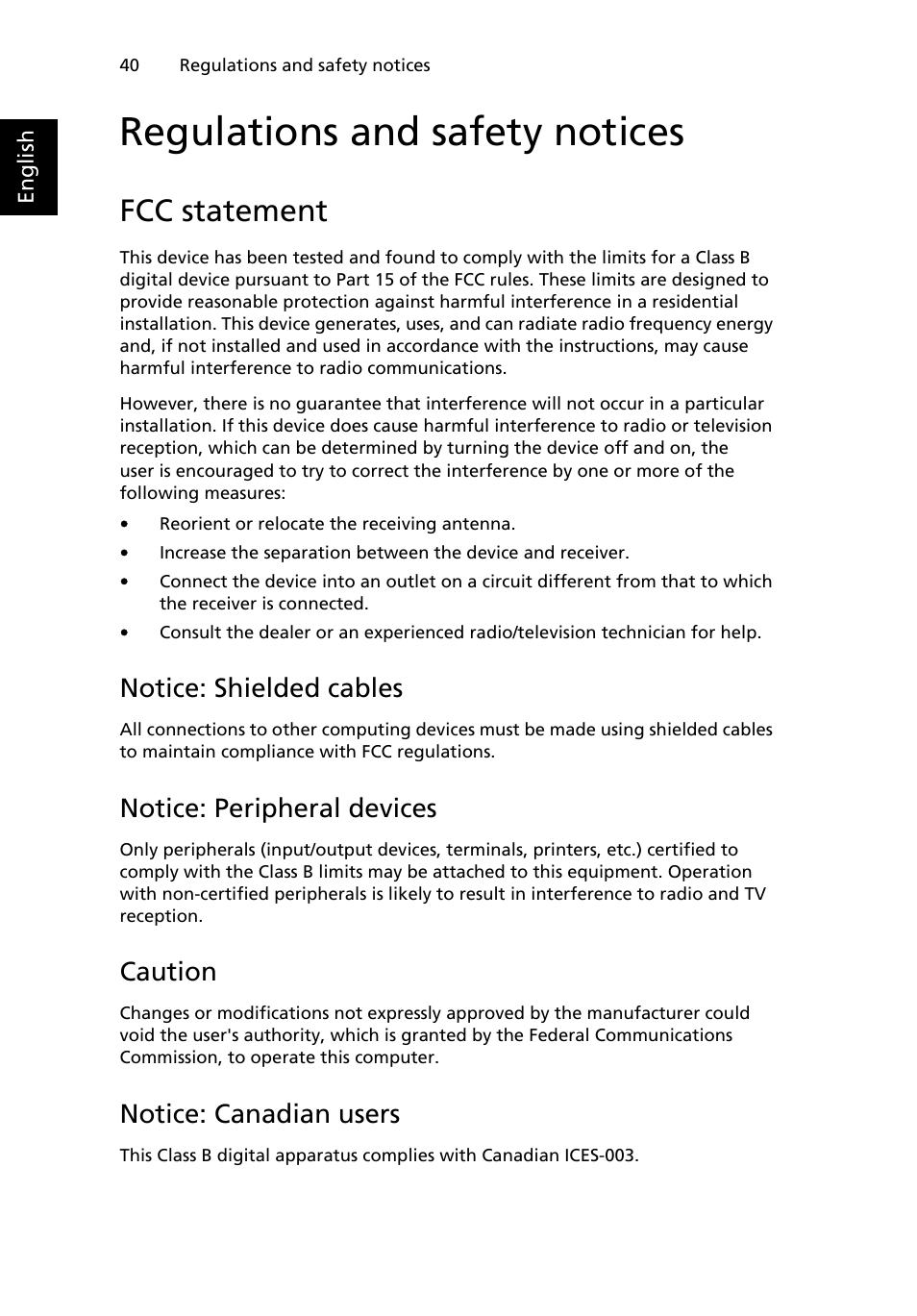 Regulations and safety notices, Fcc statement, Notice: shielded cables | Notice: peripheral devices, Caution, Notice: canadian users | Acer W500P User Manual | Page 59 / 63