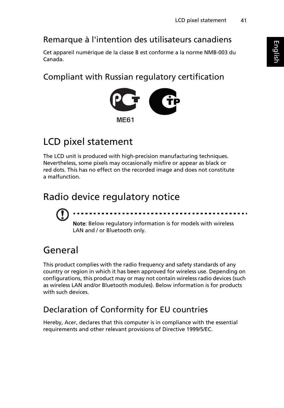 Lcd pixel statement, Radio device regulatory notice, General | Remarque à l'intention des utilisateurs canadiens, Compliant with russian regulatory certification, Declaration of conformity for eu countries | Acer W500P User Manual | Page 60 / 63