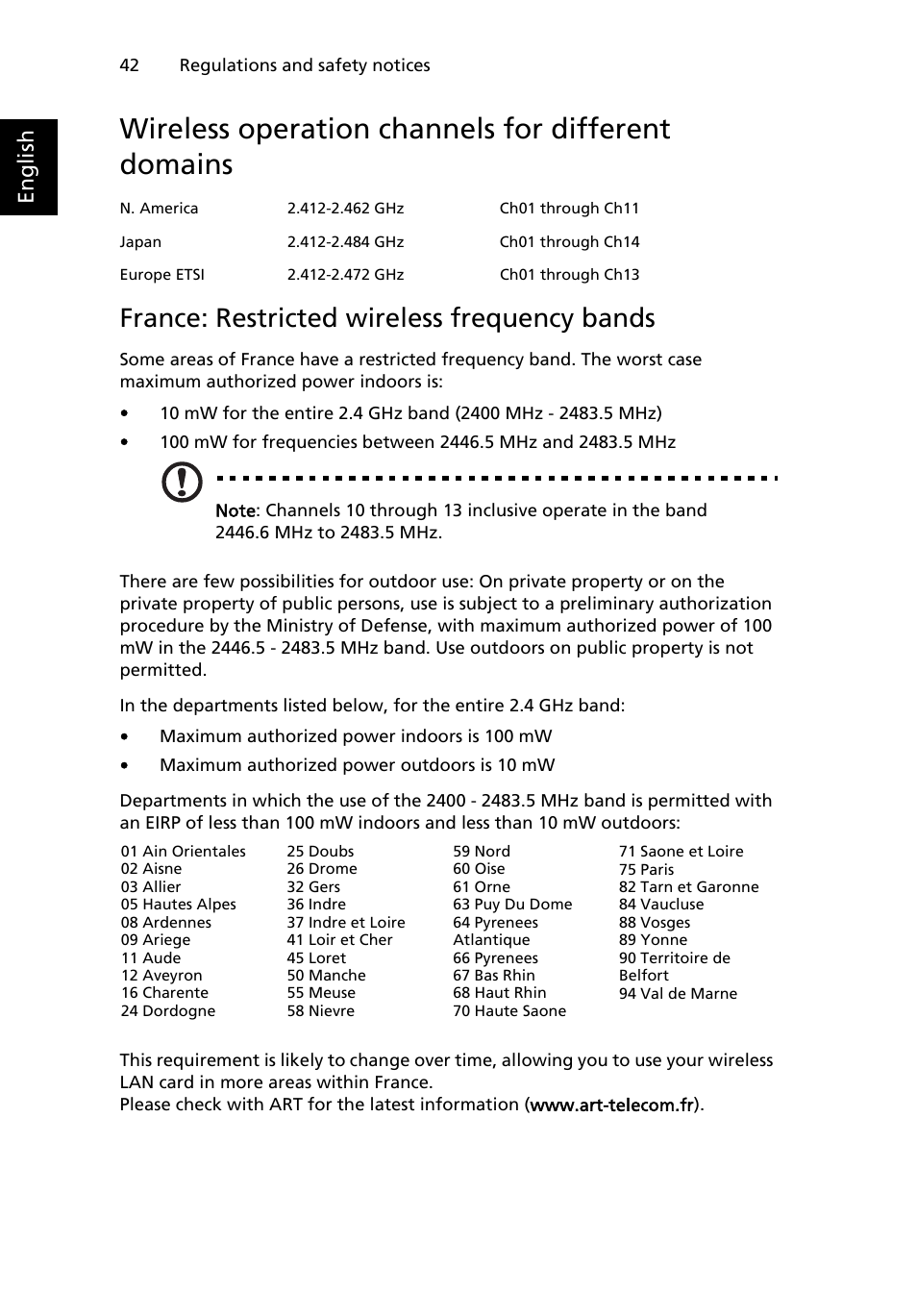 Wireless operation channels for different domains, France: restricted wireless frequency bands, English | Acer W500P User Manual | Page 61 / 63