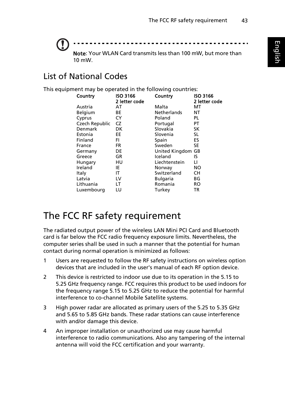 The fcc rf safety requirement, List of national codes, Eng lis h | Acer W500P User Manual | Page 62 / 63