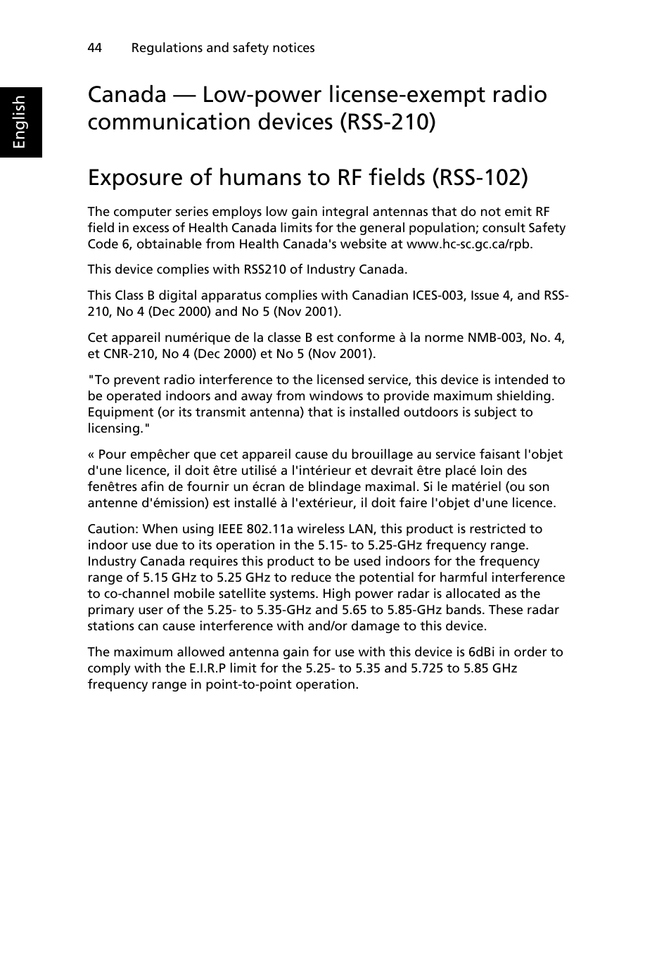 Exposure of humans to rf fields (rss-102), Canada — low-power license-exempt radio, Communication devices (rss-210) | Acer W500P User Manual | Page 63 / 63