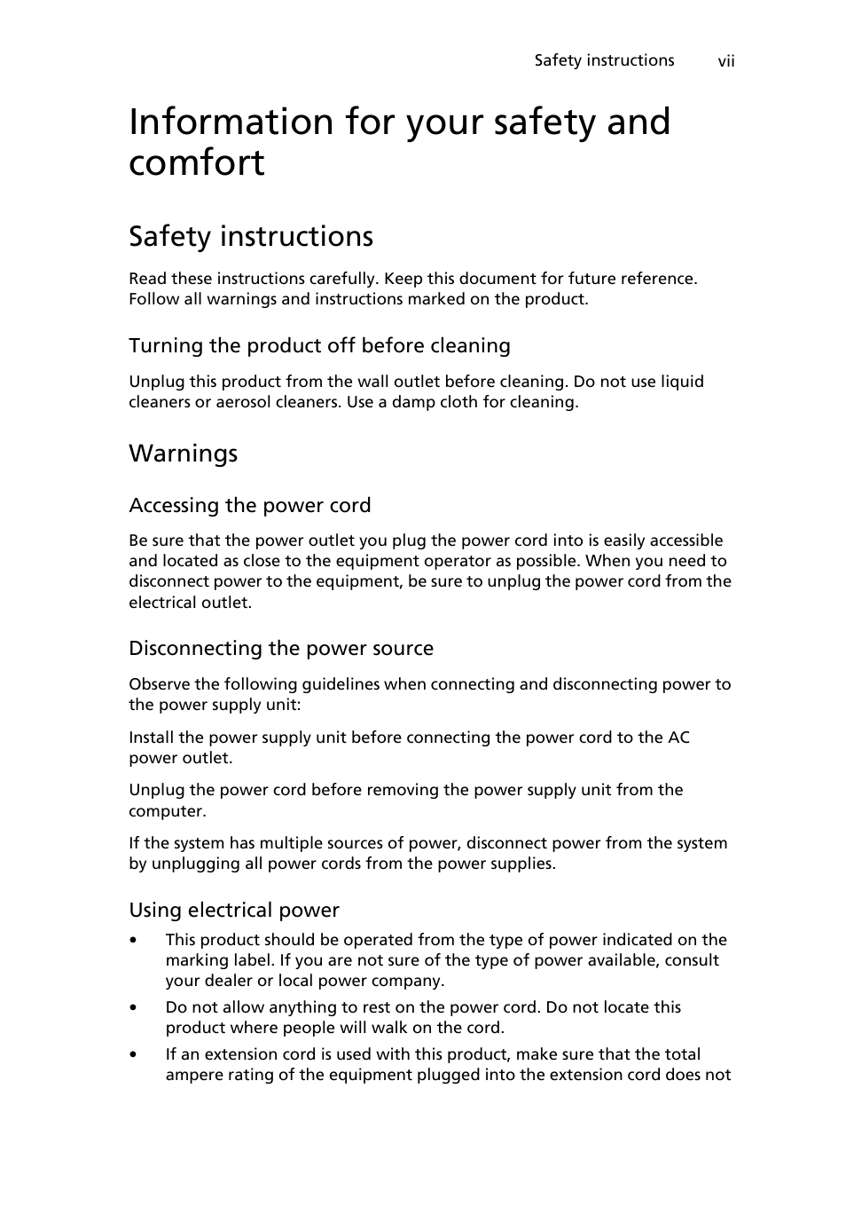 Information for your safety and comfort, Safety instructions, Warnings | Acer W500P User Manual | Page 7 / 63