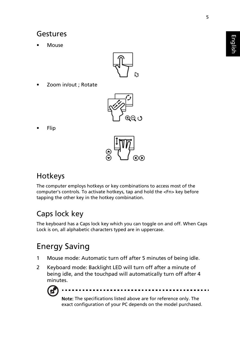 Energy saving, Gestures, Hotkeys | Caps lock key | Acer RL100 User Manual | Page 15 / 32