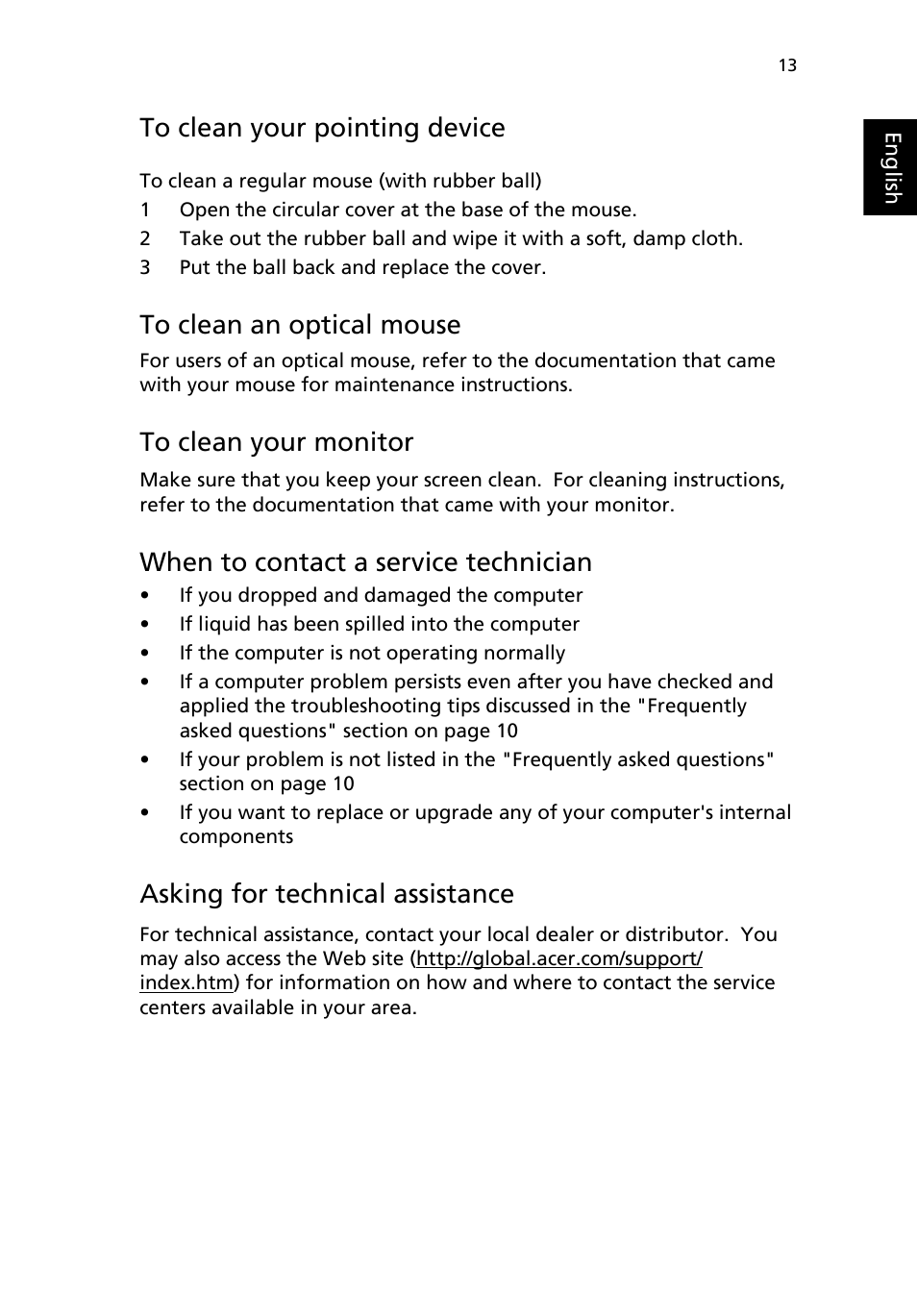 Asking for technical assistance, To clean your pointing device, To clean your monitor | When to contact a service technician | Acer RL100 User Manual | Page 23 / 32