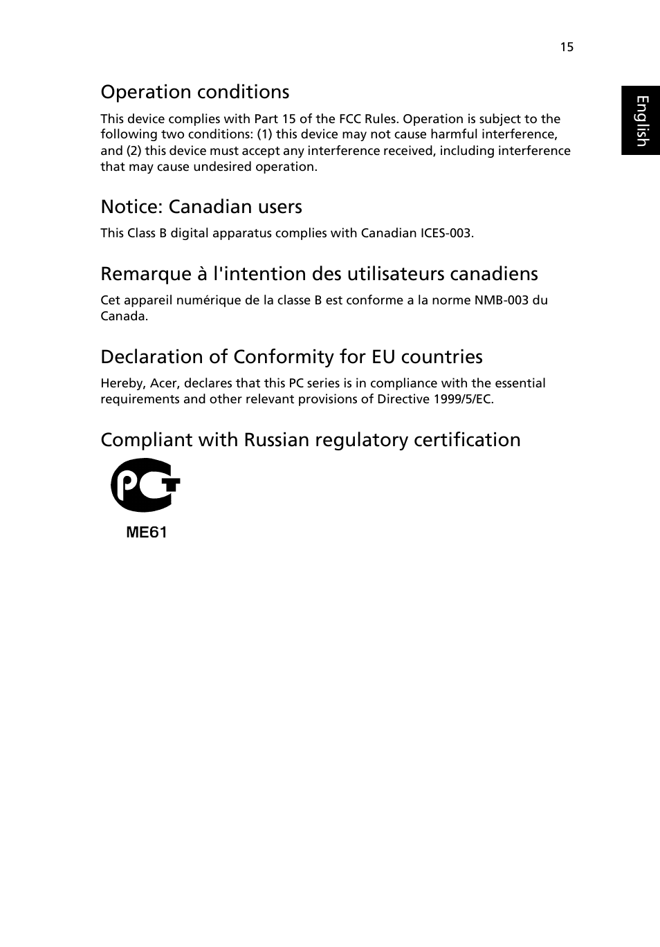 Operation conditions, Notice: canadian users, Remarque à l'intention des utilisateurs canadiens | Declaration of conformity for eu countries, Compliant with russian regulatory certification | Acer RL100 User Manual | Page 25 / 32