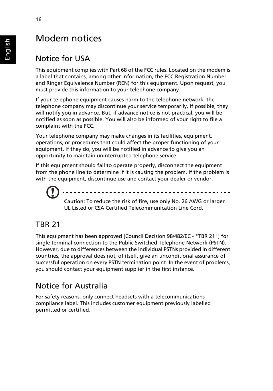 Modem notices, Notice for usa, Tbr 21 | Notice for australia | Acer RL100 User Manual | Page 26 / 32
