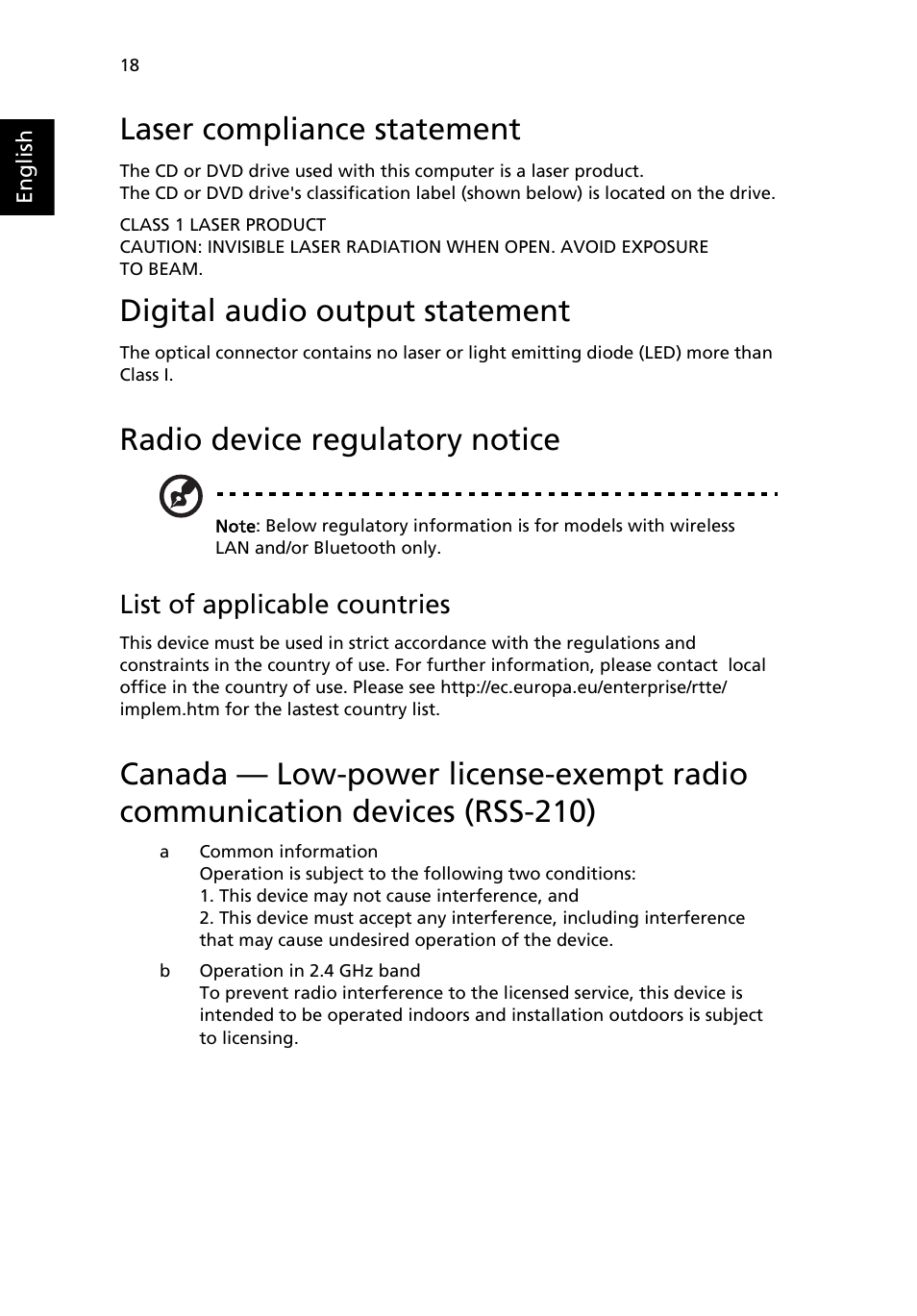 Laser compliance statement, Digital audio output statement, Radio device regulatory notice | List of applicable countries | Acer RL100 User Manual | Page 28 / 32