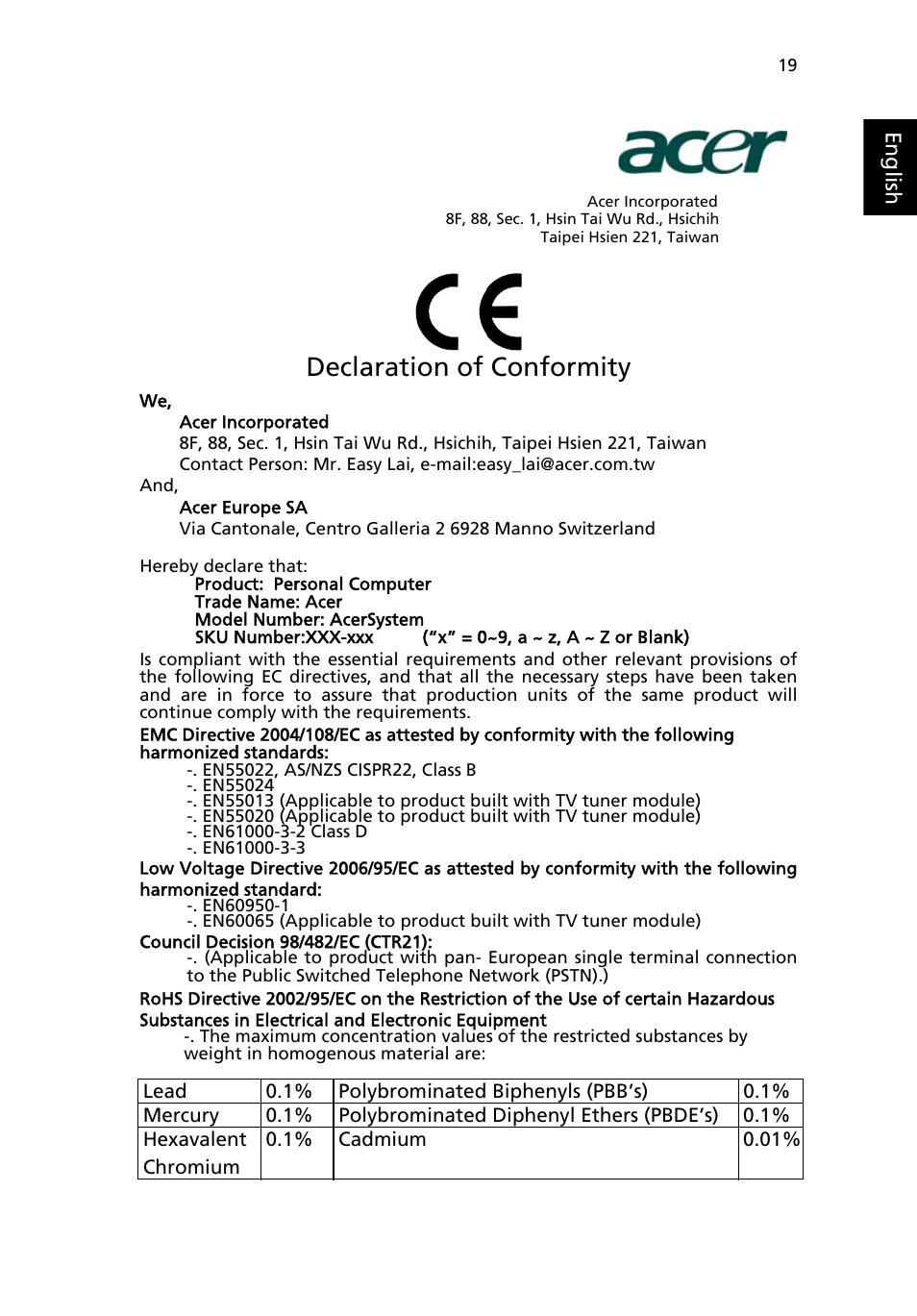 Declaration of conformity | Acer RL100 User Manual | Page 29 / 32
