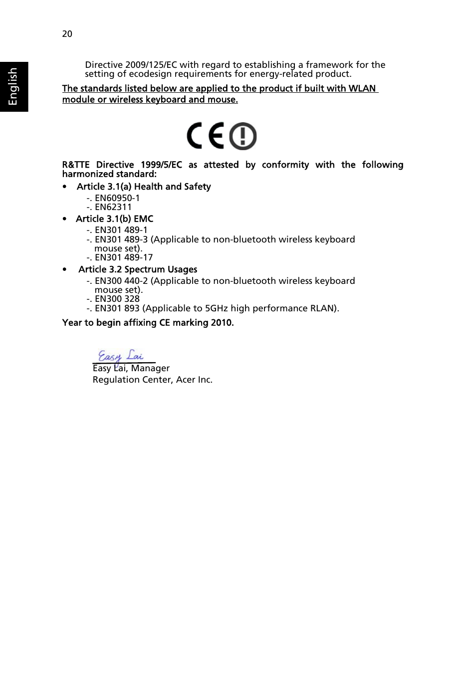 Englis h | Acer RL100 User Manual | Page 30 / 32