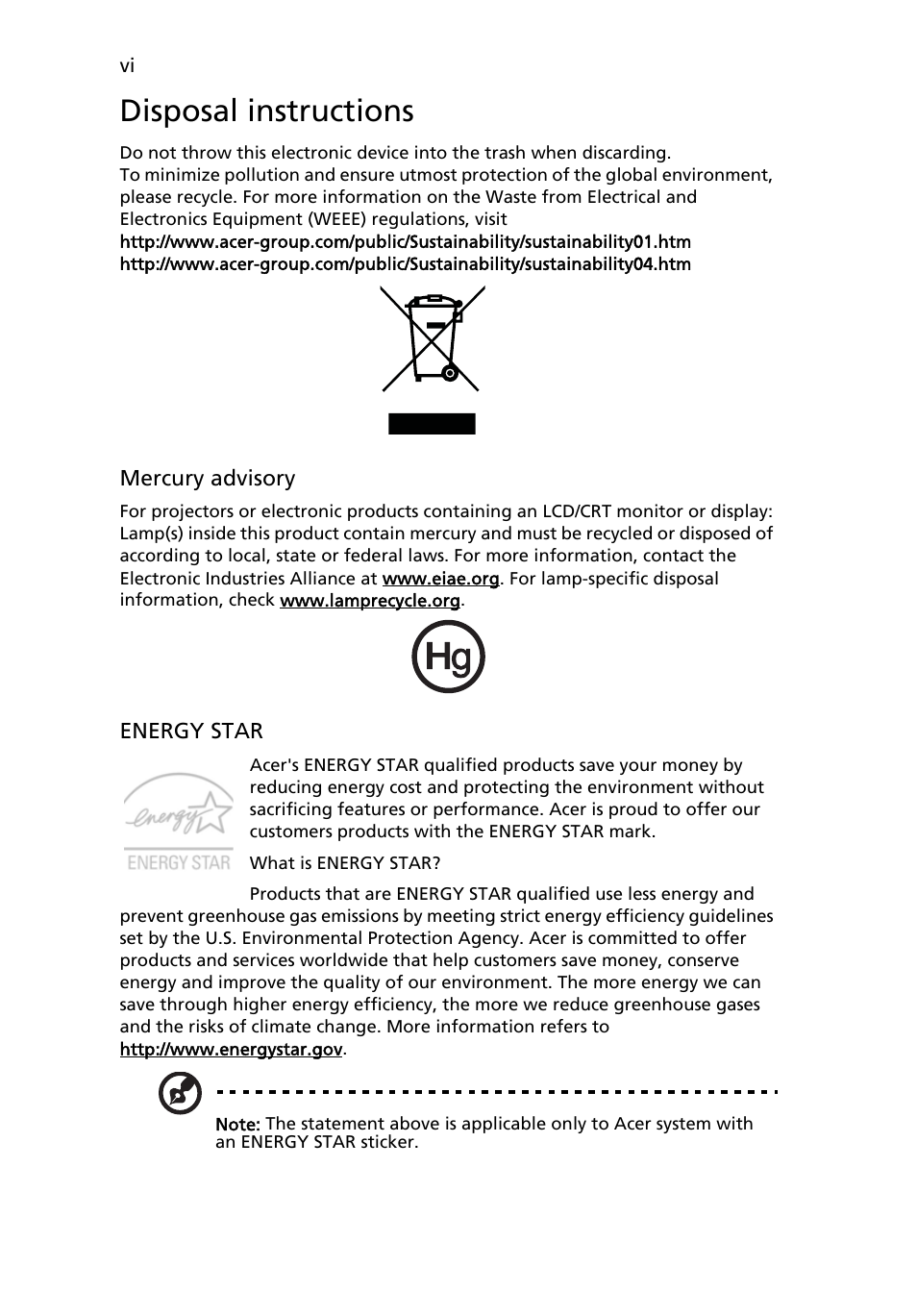 Disposal instructions | Acer RL100 User Manual | Page 6 / 32