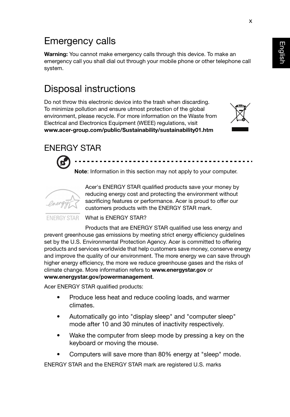Emergency calls, Disposal instructions, Energy star | Acer TravelMate P645-V User Manual | Page 10 / 85