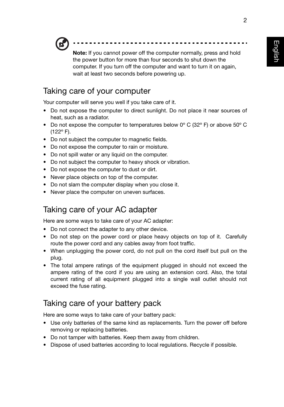 Taking care of your computer, Taking care of your ac adapter, Taking care of your battery pack | Acer TravelMate P645-V User Manual | Page 14 / 85