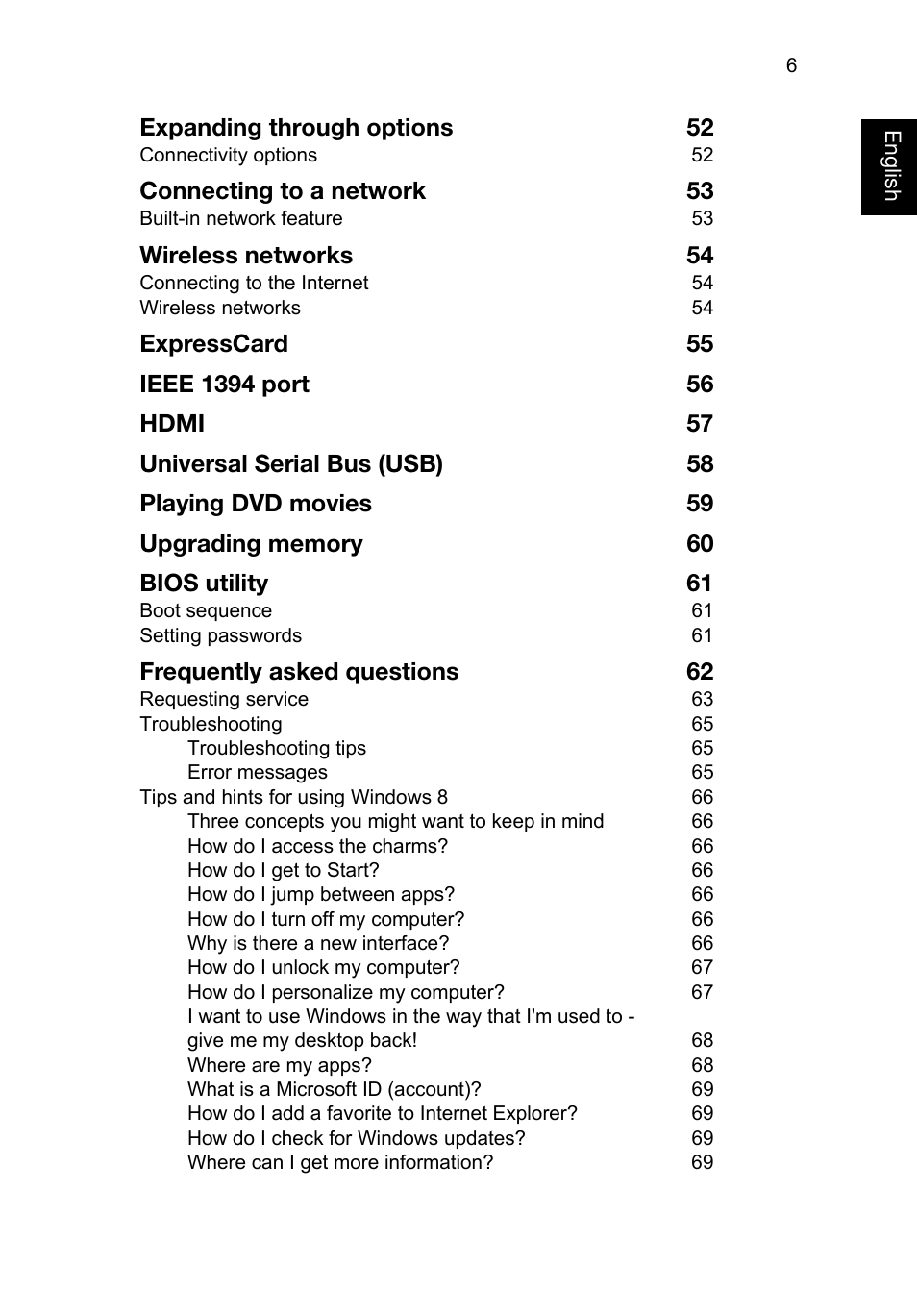 Expanding through options 52, Connecting to a network 53, Wireless networks 54 | Frequently asked questions 62 | Acer TravelMate P645-V User Manual | Page 18 / 85