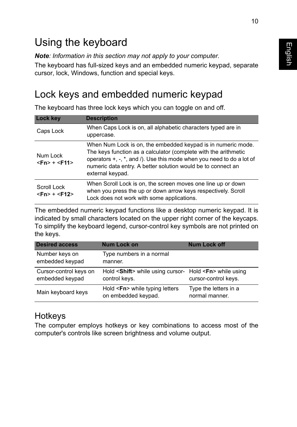 Using the keyboard, Lock keys and embedded numeric keypad, Hotkeys | Acer TravelMate P645-V User Manual | Page 22 / 85