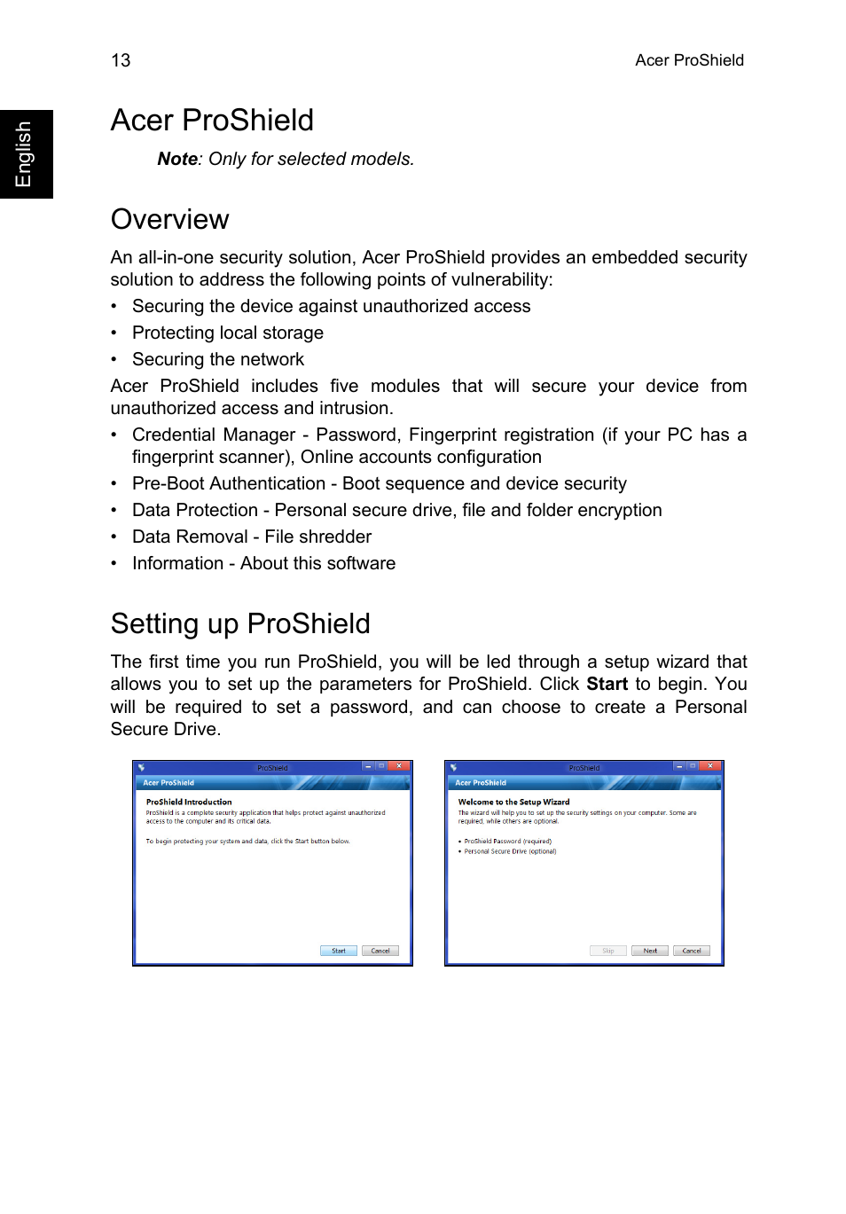 Acer proshield, Overview, Setting up proshield | Acer TravelMate P645-V User Manual | Page 25 / 85