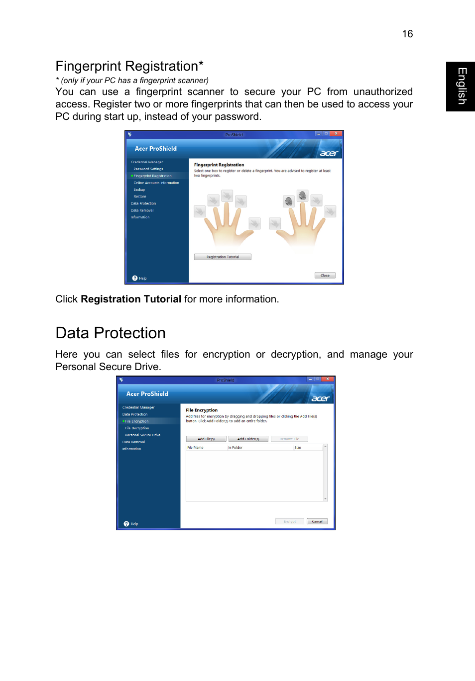 Fingerprint registration, Data protection | Acer TravelMate P645-V User Manual | Page 28 / 85