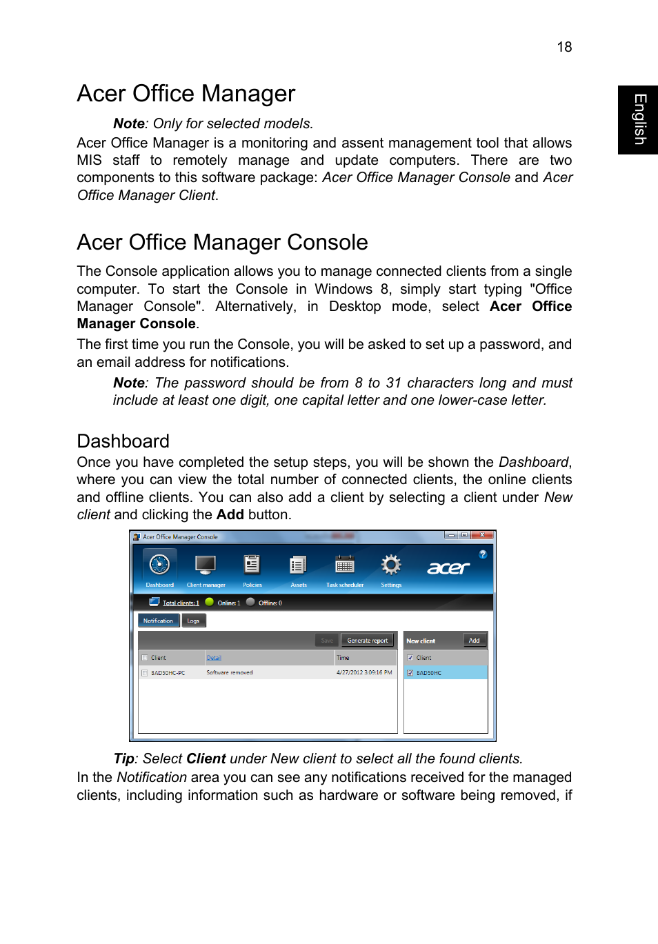 Acer office manager, Acer office manager console, Dashboard | Acer TravelMate P645-V User Manual | Page 30 / 85