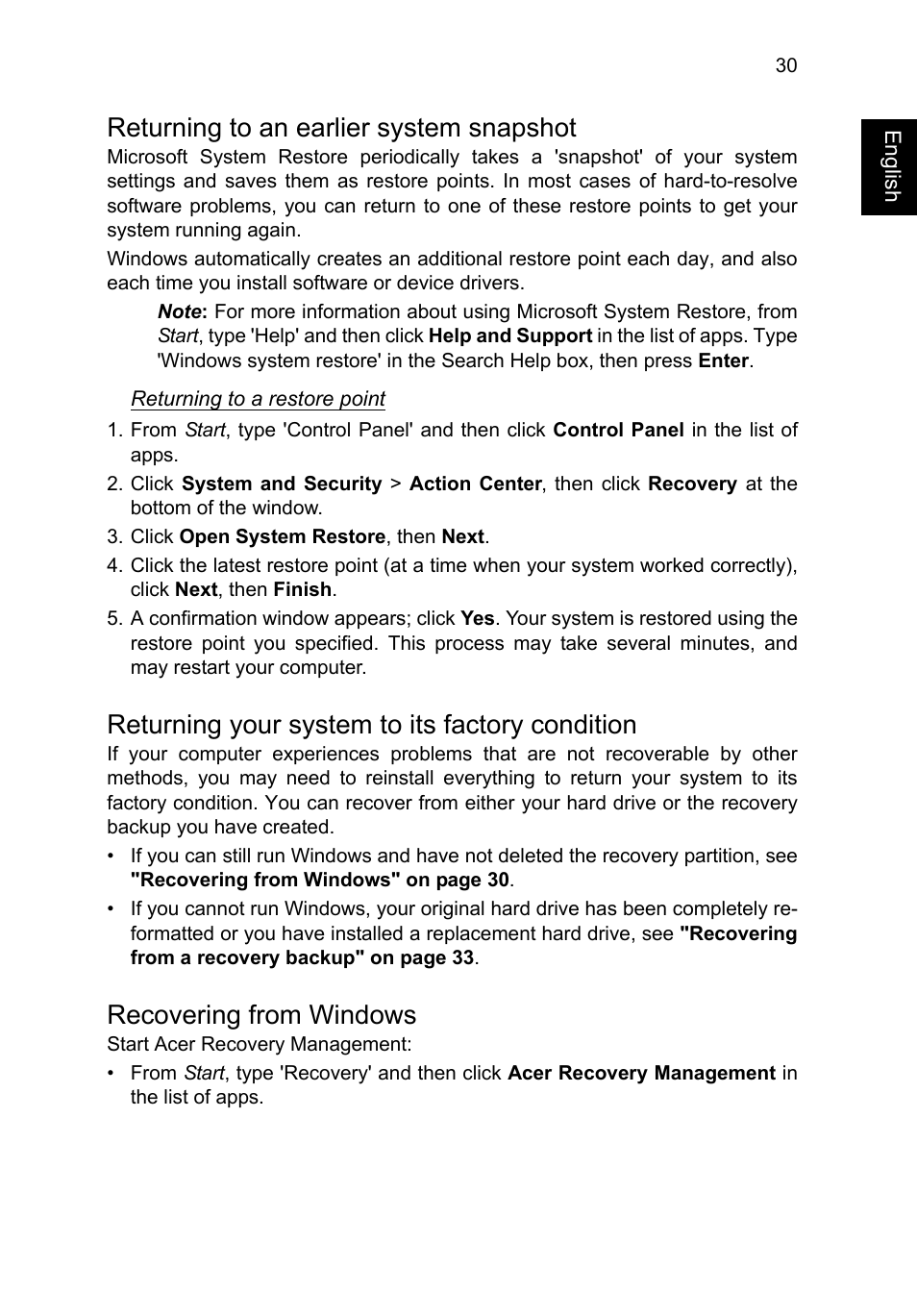 Returning to an earlier system snapshot, Returning your system to its factory condition, Recovering from windows | Acer TravelMate P645-V User Manual | Page 42 / 85