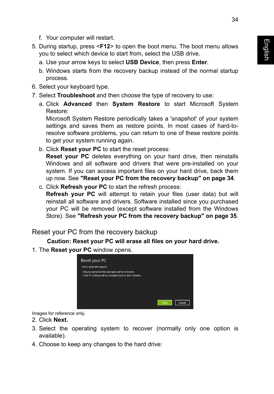 Reset your pc from the recovery backup | Acer TravelMate P645-V User Manual | Page 46 / 85