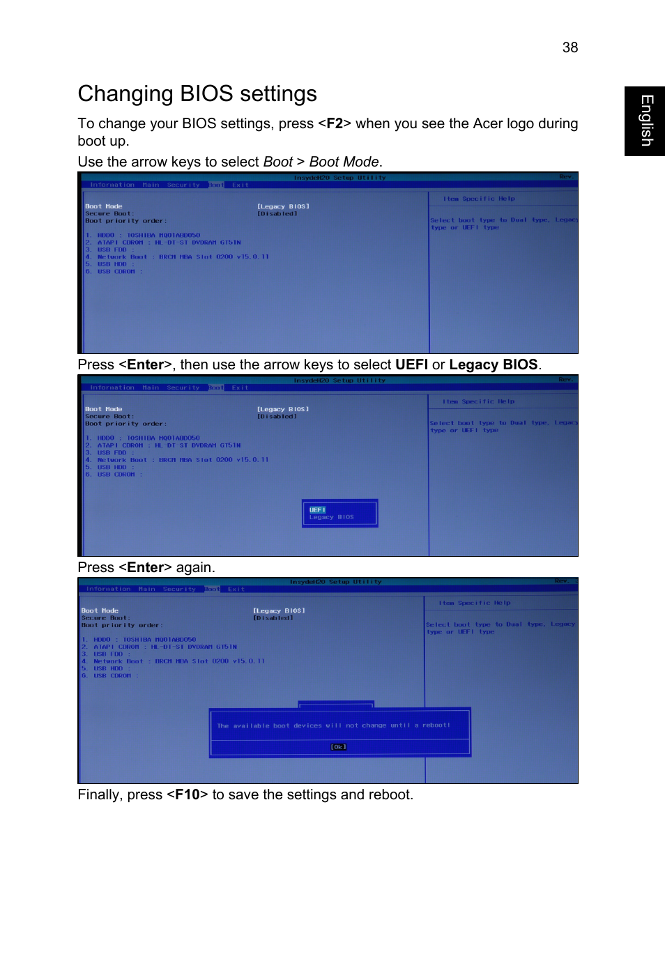 Changing bios settings | Acer TravelMate P645-V User Manual | Page 50 / 85