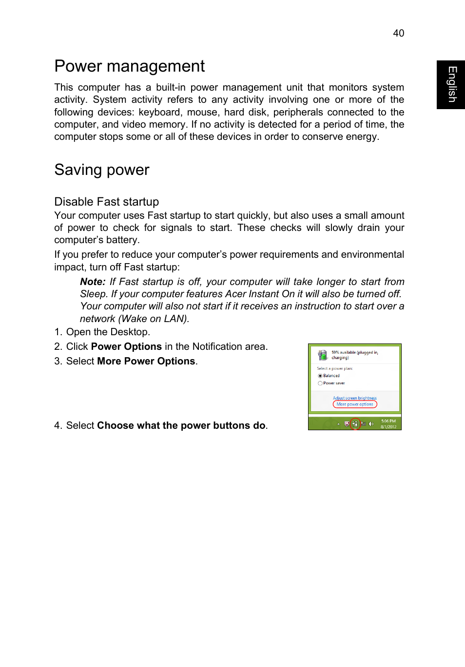 Power management, Saving power | Acer TravelMate P645-V User Manual | Page 52 / 85