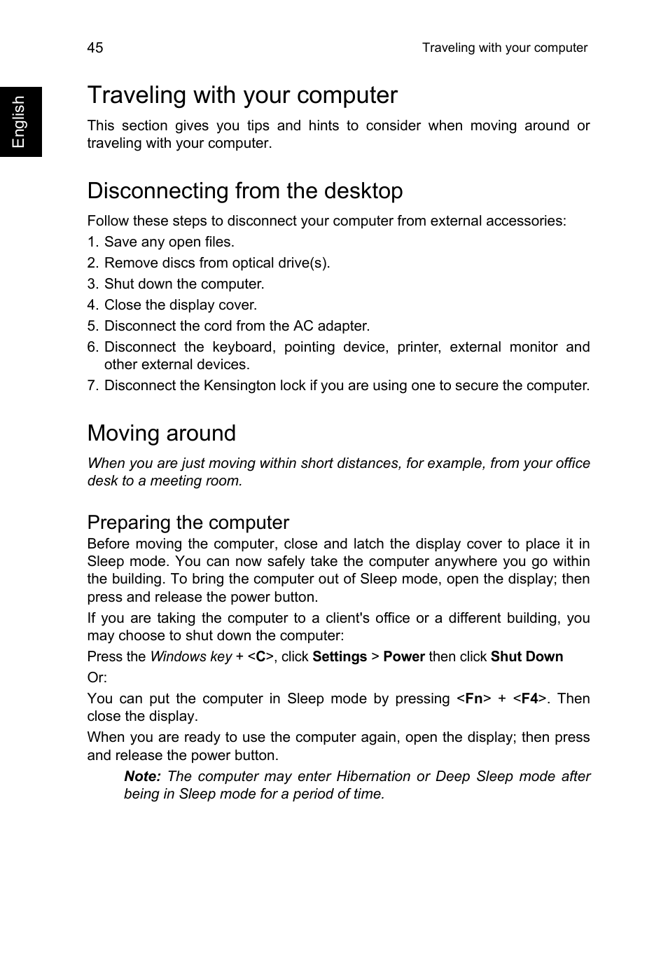 Traveling with your computer, Disconnecting from the desktop, Moving around | Preparing the computer | Acer TravelMate P645-V User Manual | Page 57 / 85