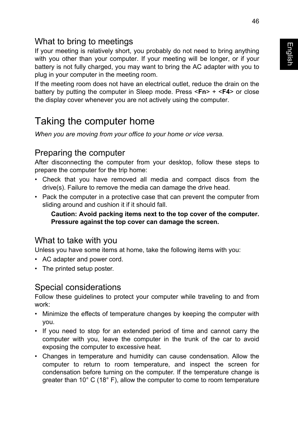 What to bring to meetings, Taking the computer home, Preparing the computer | What to take with you, Special considerations | Acer TravelMate P645-V User Manual | Page 58 / 85