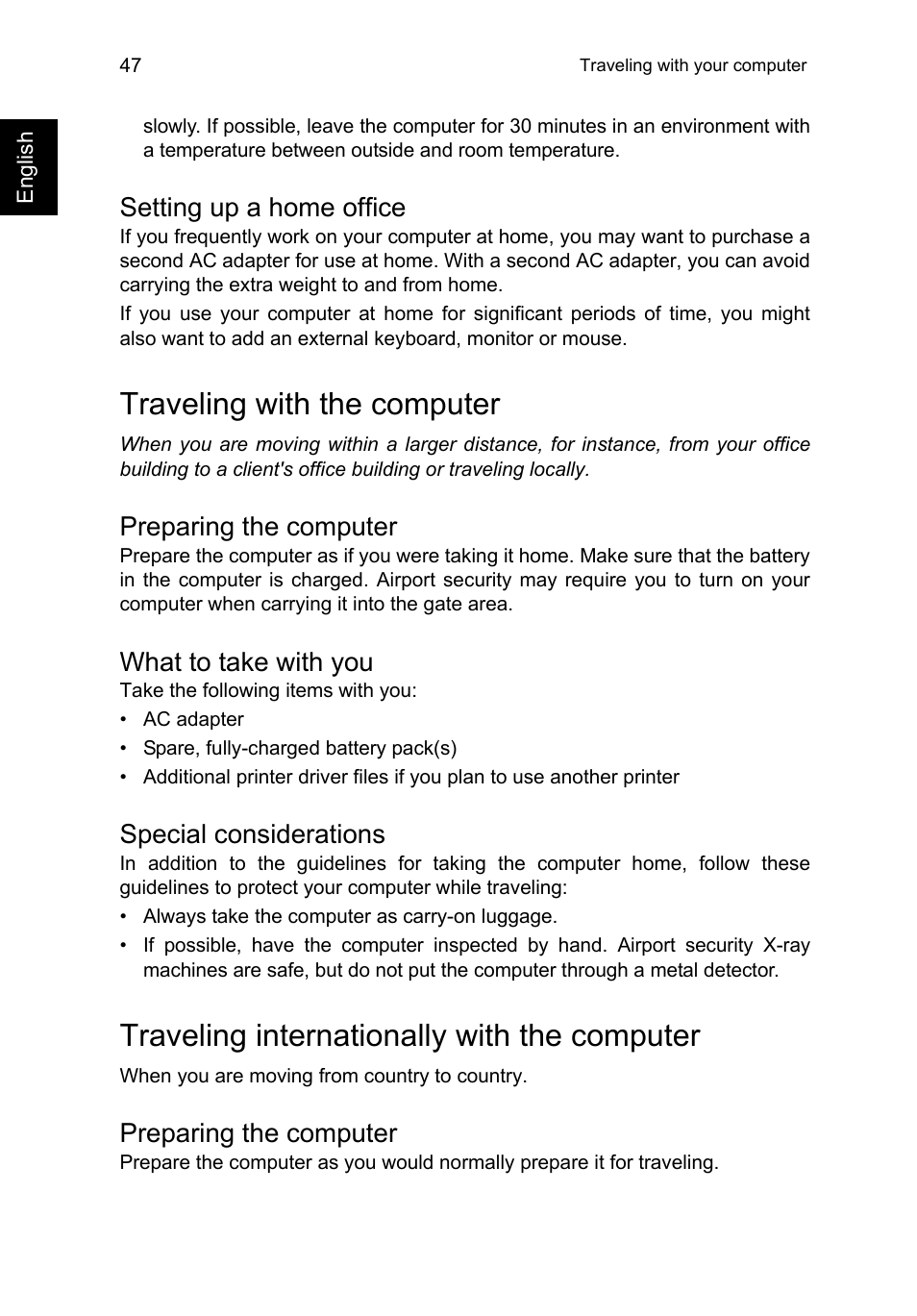 Setting up a home office, Traveling with the computer, Preparing the computer | What to take with you, Special considerations, Traveling internationally with the computer | Acer TravelMate P645-V User Manual | Page 59 / 85