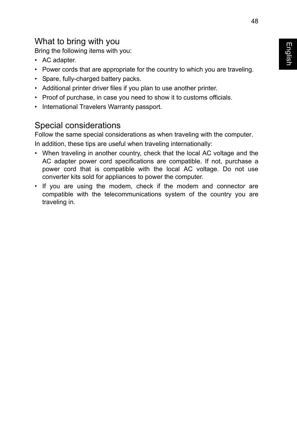 What to bring with you, Special considerations | Acer TravelMate P645-V User Manual | Page 60 / 85