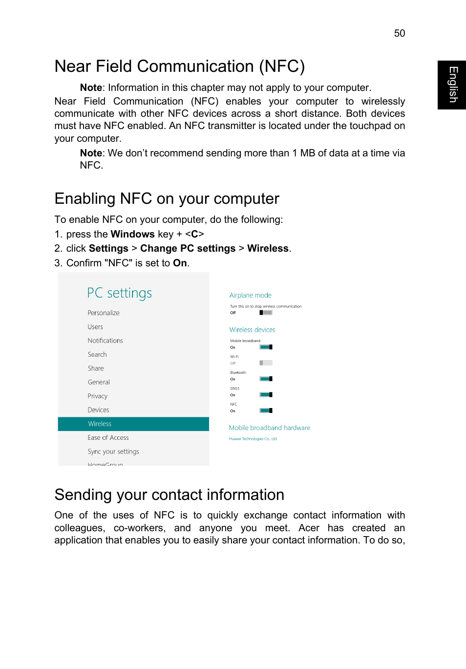 Near field communication (nfc), Enabling nfc on your computer, Sending your contact information | Acer TravelMate P645-V User Manual | Page 62 / 85