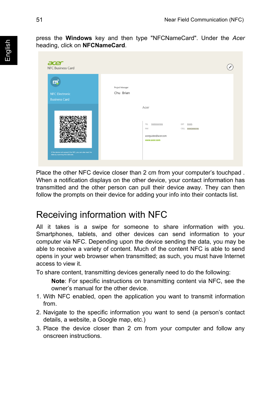 Receiving information with nfc | Acer TravelMate P645-V User Manual | Page 63 / 85