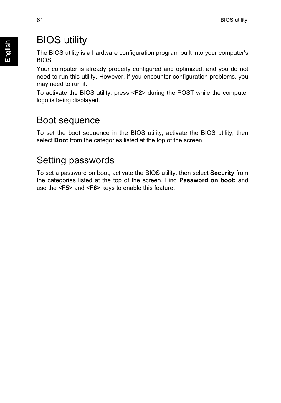 Bios utility, Boot sequence, Setting passwords | Acer TravelMate P645-V User Manual | Page 73 / 85